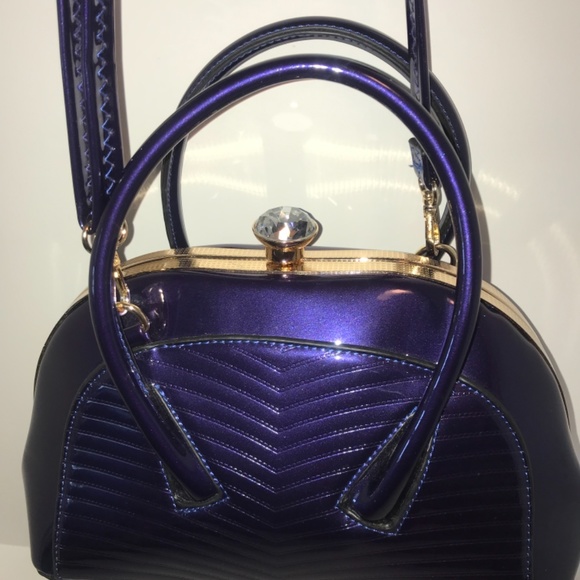 Shiny Dark Purple Handbag with Shoulder Strap - Picture 2 of 7